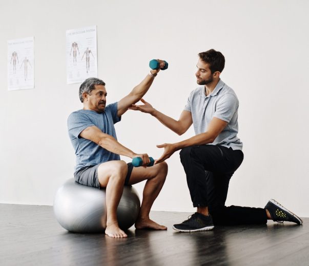 why choose us Dumbbells, physiotherapy and rehabilitation with doctor and patient for help, training and stretching. Healthcare, wellness and healing with old man and expert for consulting, muscle and exercise.
